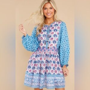 NWT Oliphant Tie Front Balloon Sleeve Dress in Iris Blue Floral, Small